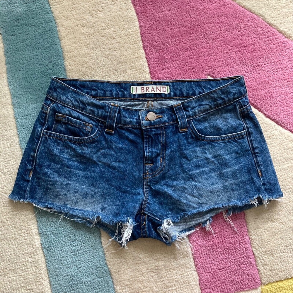 J Brand Vintage Star Printed Low Rise Medium Blue Jean Denim Cutoff Shorts 24 00